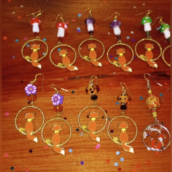 Fox Circle Mushroom Flower Beaded Handmade Unique Sparkly Hoop Earrings - Picture 6 of 7